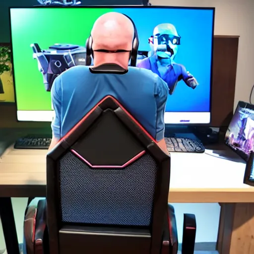 Prompt: real life gamer walter white on a gaming chair playing fortnite