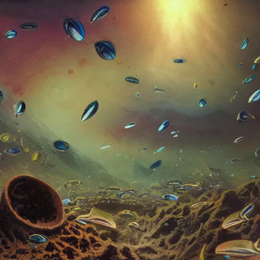 Prompt: A beautiful hyper realistic matte painting of darkfield microscopy krill Copepods Under Microscope by Justin Gerardof, John Howe, Albert Bierstadt, Alena, vivid color hues, Trending on artstation, opalescence, refraction, aesthetic plethora of ocean life precious Planktonia phytoplankton diatom protozoa