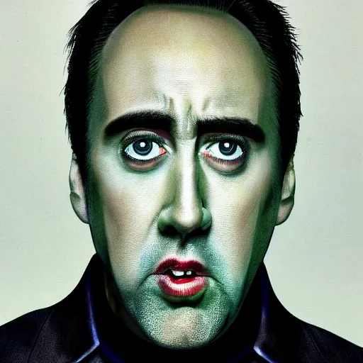 Image similar to nic cage but he's wearing an outfit that comprises his face all over it