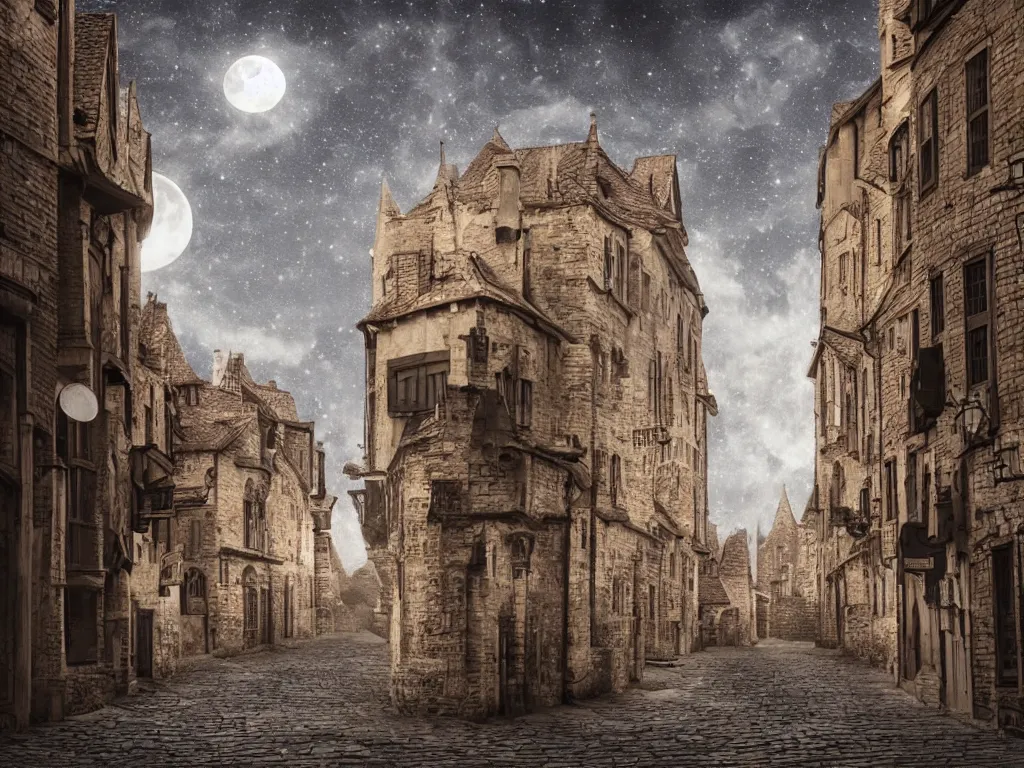 Image similar to moonlit medieval city street, moon covered with thin long horizontal clouds, photorealistic