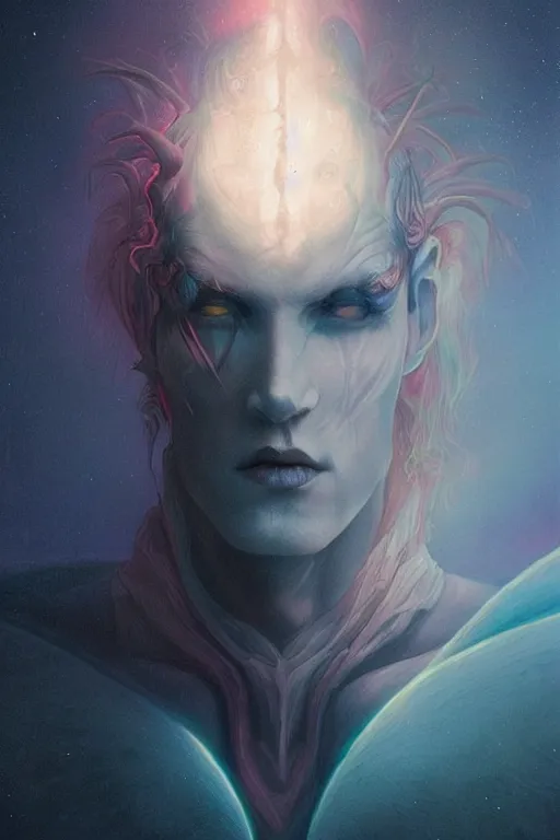 Image similar to a dramatic lighting photo of an elegant alien king, vaporwave colors, goth vibe, kawaii vibe, moody aesthetic, artgerm, tom bagshaw, gerald brom,