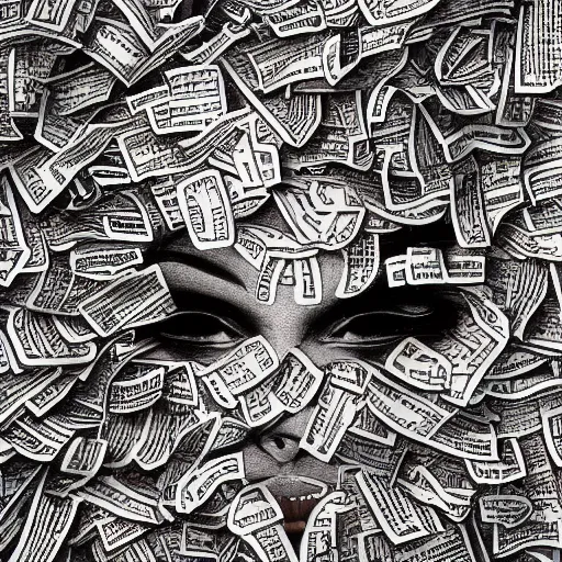 Image similar to face shredded like paper news, dark, surreal, illustration, by ally burke