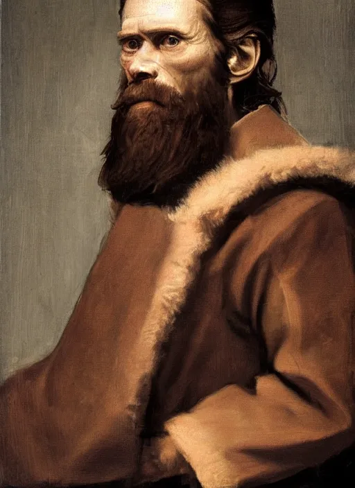 Image similar to flattering regal painting of bearded willem dafoe, renaissance oil painting, studious chiaroscuro