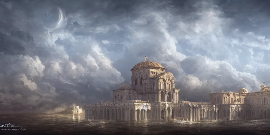 Image similar to beautiful digital illustration of a Byzantine palace in a sea of clouds by Andreas Rocha, fluffy pastel clouds, establishing shot, cinematic, architecture, concept art, deviantArt, artsation, artstation HQ, HD, 16k resolution, smooth, sharp detail, amazing depth, octane, finalRender, Unreal Engine