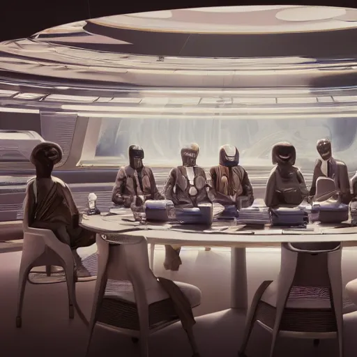 Image similar to the council of all worlds, science fiction, opulent, 1 9 6 0 s retrofuture, logan's run, syd mead, retrofuture, octane render