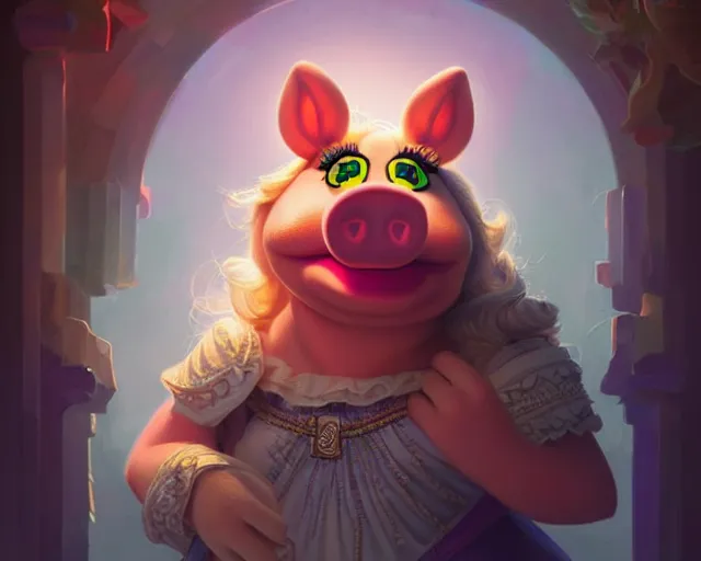 Image similar to miss piggy photography of kurzgesagt, deep focus, d & d, fantasy, intricate, elegant, highly detailed, digital painting, artstation, concept art, matte, sharp focus, illustration, hearthstone, art by artgerm and greg rutkowski and alphonse mucha