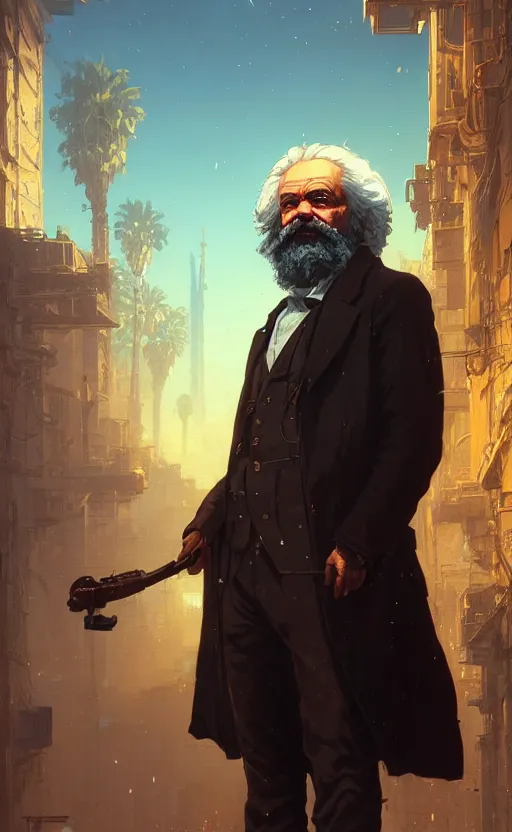 Image similar to highly detailed portrait of karl marx in gta v, stephen bliss, unreal engine, fantasy art by greg rutkowski, loish, rhads, ferdinand knab, makoto shinkai and lois van baarle, ilya kuvshinov, rossdraws, tom bagshaw, global illumination, radiant light, detailed and intricate environment, space, galaxy