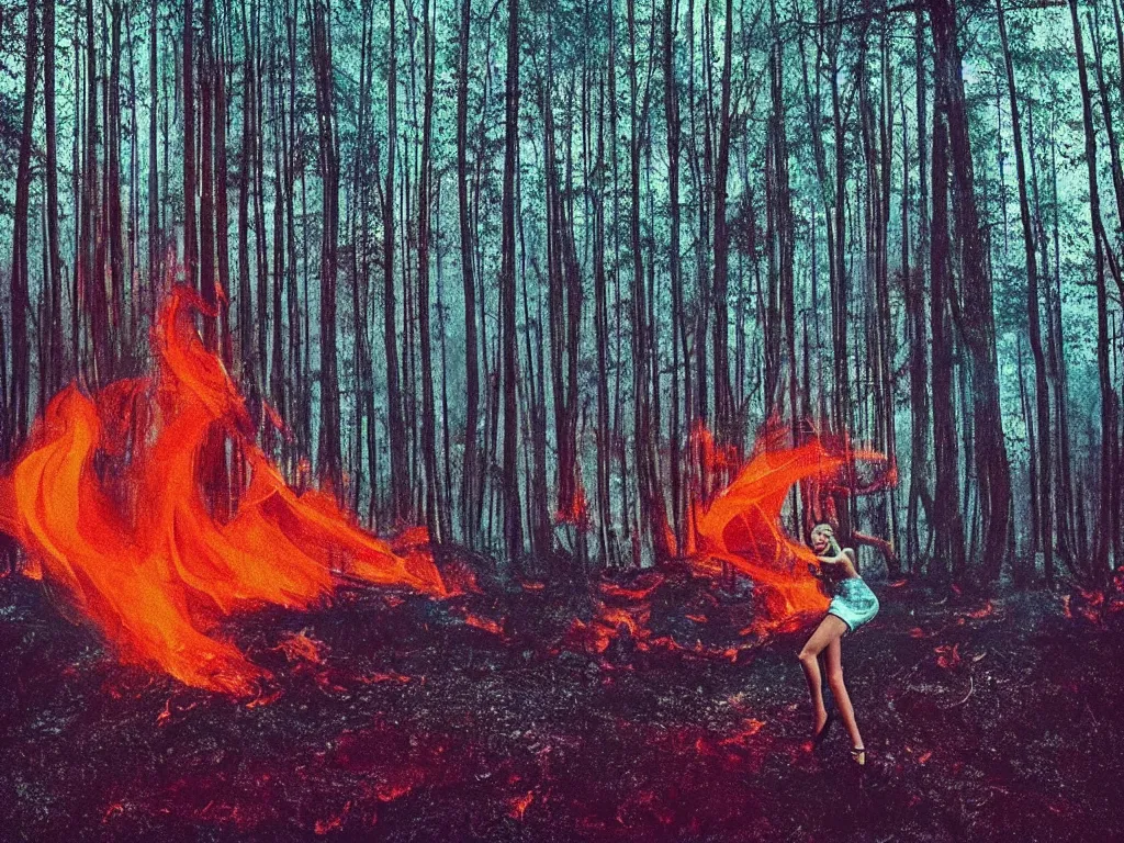 Image similar to “A Tiktok influencer dancing with a forest fire in the background, fleshy, deliquescence, dystopian realm, glitch, texturized, in the style of Harmony Korine”