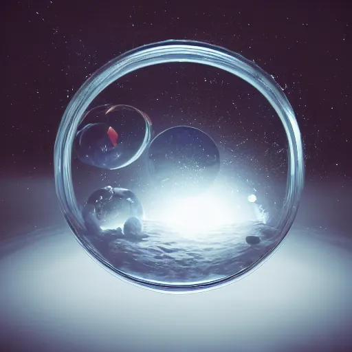 Prompt: planets colliding inside a glass jar, octane render, hyper detailed, photorealistic