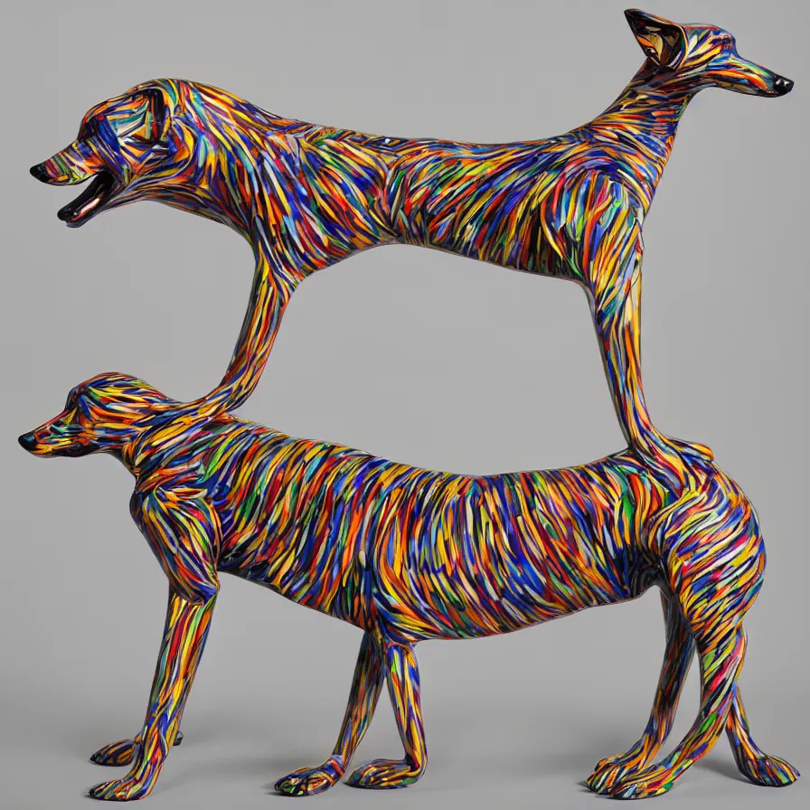 Image similar to beautiful gallery show studio photograph of a giant realistic geometric ceramic sculpture of a greyhound!!!!, heavily glazed by bridget riley and victor vasarely, placed on a polished wooden table, colorful hyperrealism 8 k trending on artstation