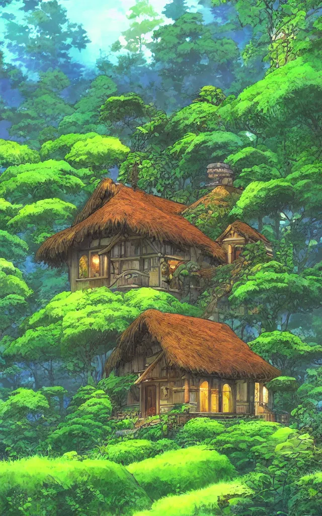 Prompt: Stunning cottage, solar, lush, forest, beautiful, by Studio Ghibli and Michael Kincade, artstation