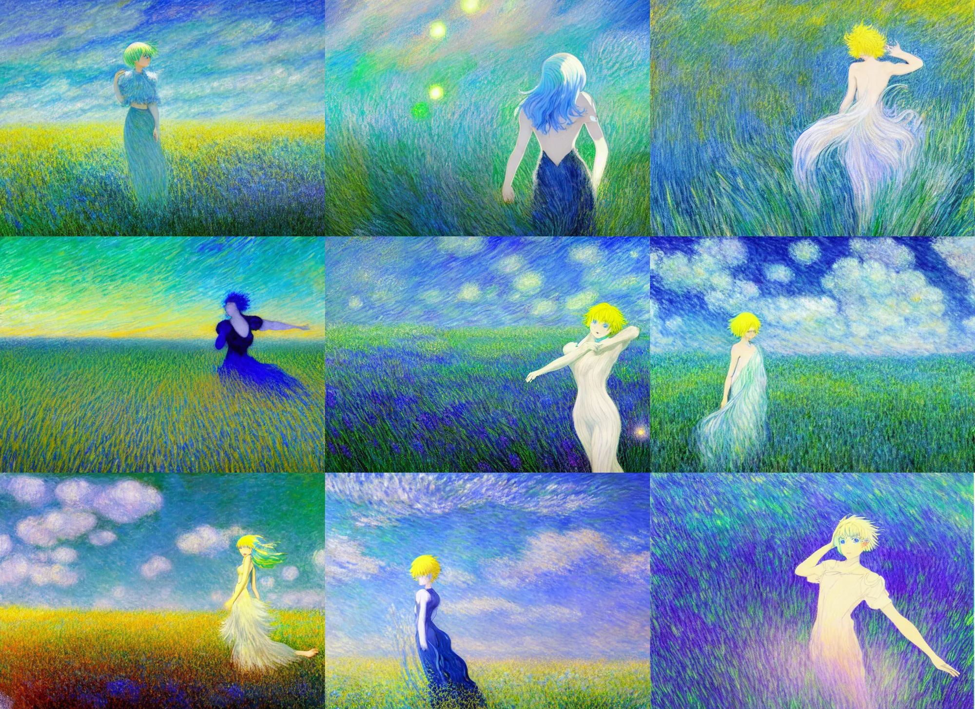 Prompt: houseki no kuni phosphophyllite, glowing shiny crystalline person in a field of grass, short blue hair, golden arms, swirling clouds, impressionist painting, claude monet, pastel colours