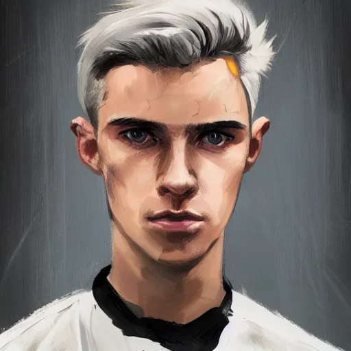 Image similar to Portrait of a man by Greg Rutkowski, he is about 20 years old, polish, short blonde hair with bangs, attractive, smart looking, slim, somewhat androgenic, he is wearing a white and black utilitarian jumpsuit, highly detailed portrait, scifi, digital painting, artstation, concept art, smooth, sharp foccus ilustration, Artstation HQ