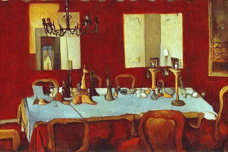 Image similar to A oil painting of a french red dinner room, with silver cutlery by Nicholas Roerich, by Georgia o Keeffe, by Gustave Moreau