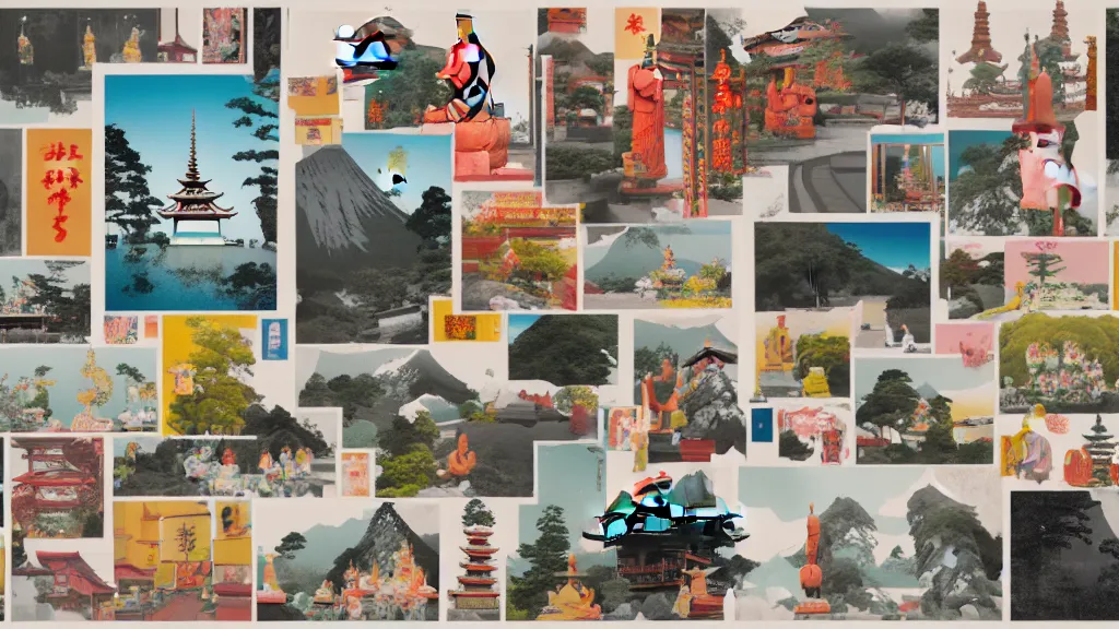 Image similar to an arrangement of buddhism traveller props, japan, a collage painting, in the style of wes anderson, lola dupre, david hockney, isolated on negative white space background dark monochrome neon spraypaint accents volumetric octane render