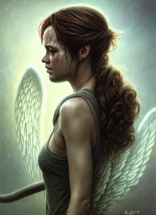 Image similar to abby from last of us 2 as an angel, aesthetic, fine art, intricate, elegant, highly detailed, realistic hair, centered, digital painting, art station, conceptual art, soft, sharp focus, illustration, artwork, artgerm, tomasz alen kopera, peter mohrbacher, donato giancola, wlop, boris vallejo