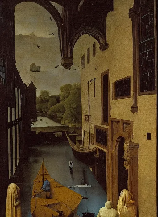 Prompt: into the river, the body seemed to dissolve in water. silver scales, splashed a pointed fin. The water broke ahead obeying the movement of a strong being. medieval painting by Jan van Eyck, Johannes Vermeer, Florence