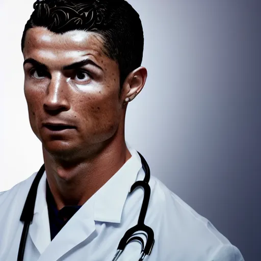 Image similar to cristiano ronaldo as doctor, accurate, 30mm, face, soft colours, dramatic lighting, nikon