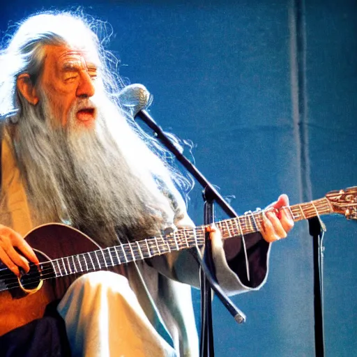 Image similar to gandalf playing the guitar on stage