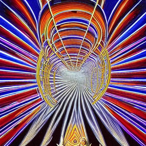 Prompt: highly detailed optical illusion of an auditorium filled with magical energy by mad dog jones and alex grey