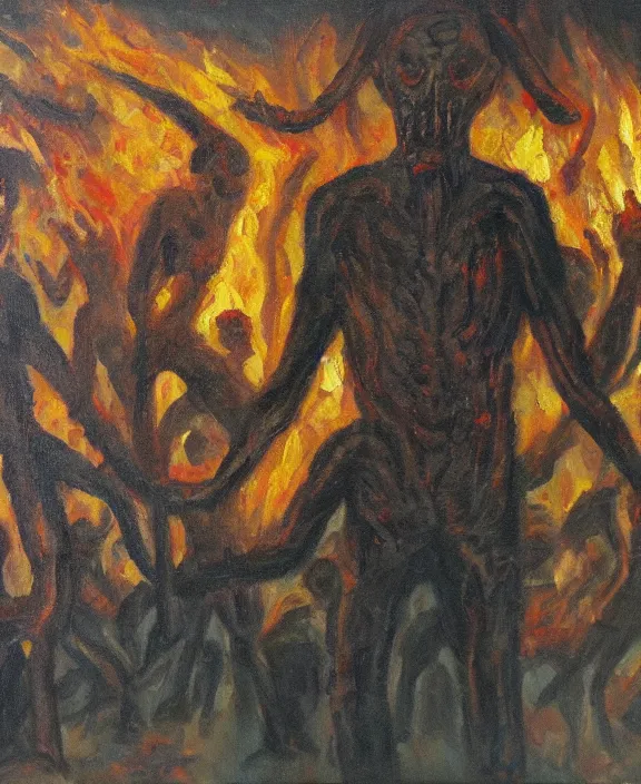 Prompt: human in hell, oil painting in the style of gullvag