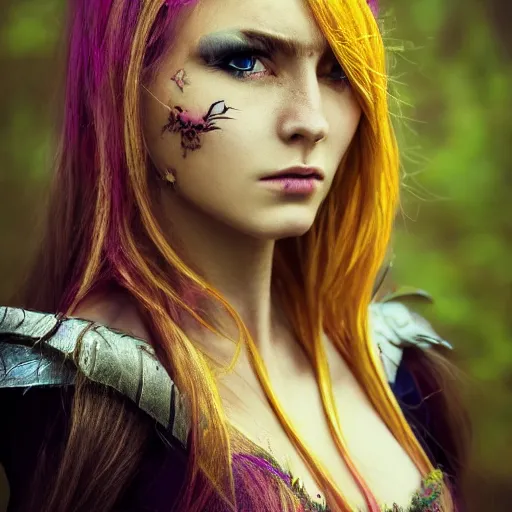 Image similar to a beautiful female human warlock portrait, focus on face, sharply focussed, brightly colored, dress, long blonde hair, fairy, fae, fantasy, medieval, still, photograph, highly detailed, trending on artstation, cinematic, dramatic