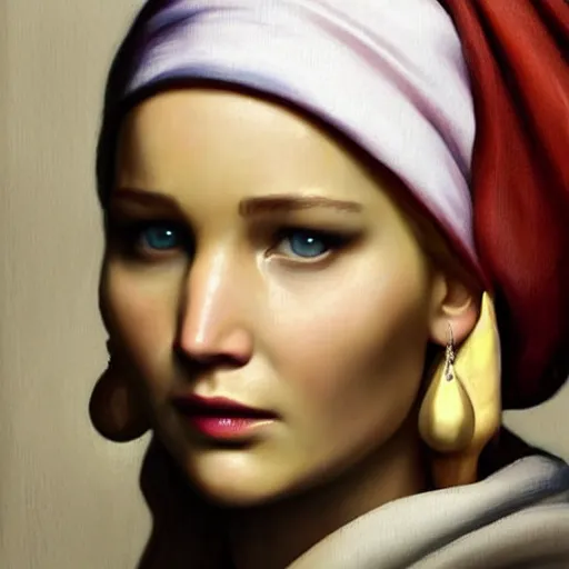 Prompt: portrait of Jennifer Lawrence in the style of Girl with a Pearl Earring by Johannes Vemeer, oil painting, masterpiece, old master, grand master, symmetrical facial features, intricate, elegant, digital painting, concept art, smooth, sharp focus, illustration, from StarCraft by Ruan Jia and Mandy Jurgens and Artgerm and William-Adolphe Bouguerea, rule 34