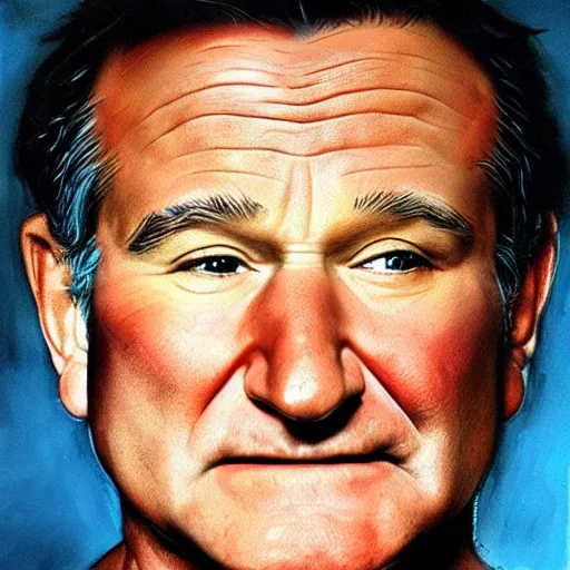 Image similar to ultra realistic portrait painting of robin williams, art by frank frazetta, 4 k, ultra realistic, highly detailed, epic lighting