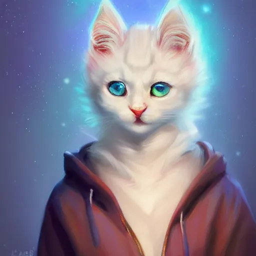 Image similar to colorful and Festive Captivating cute mage white kitten, with a blue hoodie, atmospheric lighting, painted, intricate, highly detailed by Charlie Bowater