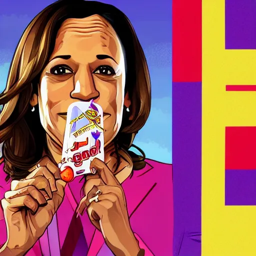 Image similar to gta 5 cover art of kamala harris eating a lolli - pop