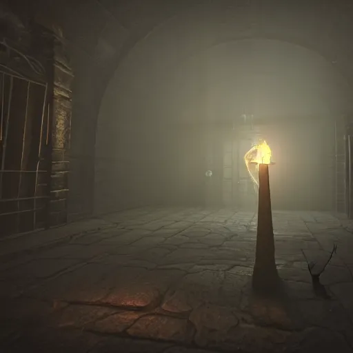 Prompt: lovecraftian dungeon with creatures crawling, torches on the wall, dark and dramatic lighting, fog, realistic, unreal engine