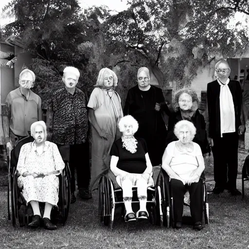 Image similar to an old age home for geriatric dark goths. photograph group portrait.