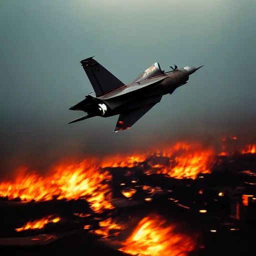 Prompt: landscape photograph of a fighter jet flying, over a destroyed smoking burning city, color, reflections, motion blur, atmospheric, award winning photo