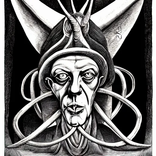 Image similar to graphic illustration, creative design, aleister crowley as baphomet, biopunk, francis bacon, highly detailed, hunter s thompson, mixed media