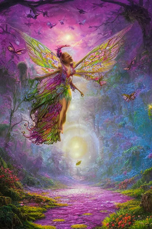 Prompt: wonderdream faeries lady feather wing digital art painting fantasy bloom vibrant by hubert robert and lee madgwick and roger dean and jacek yerka, dan mumford and alex grey style, soft lighting, 4 k hd wallpaper illustration character design concept colorful joy atmospheric lighting butterfly