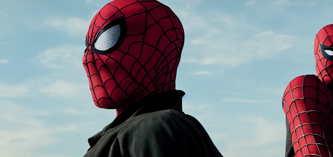 Prompt: Jesse Pinkman as Spider-Man, film still, wide-shot, full shot, cinematic lens, heroic portrait