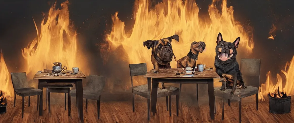 Image similar to an award-winning photograph (flash on) of a huge fire on a dining room in the background, in the foreground sits one relaxed anthropomorphic dog on a wooden chair at a table (no fire at all there), they are surrounded by flames, there is a full cup of coffee on the table, a lot of flames behind the dog, black smoke instead of the ceiling, no watermark