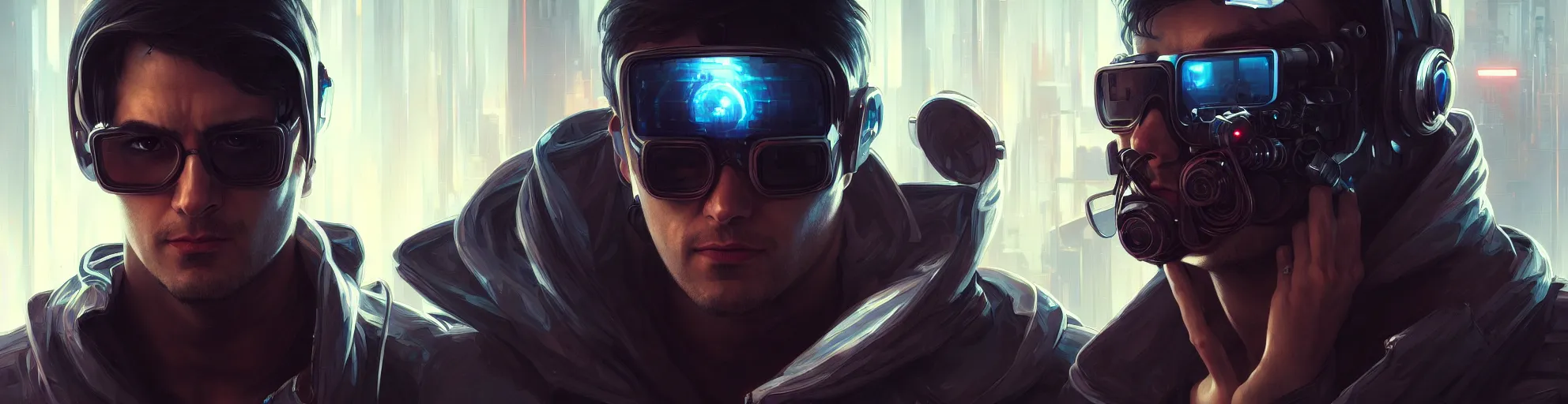 Image similar to Hacker cyberpunk man portrait, highly detailed, digital painting, artstation, concept art, smooth, sharp focus, illustration, art by artgerm and greg rutkowski and alphonse mucha