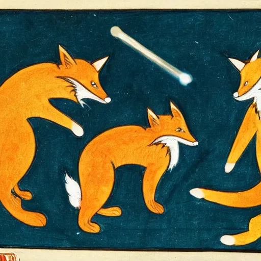 Prompt: anthropomorphic fox dueling with a wolf, illuminated manuscript