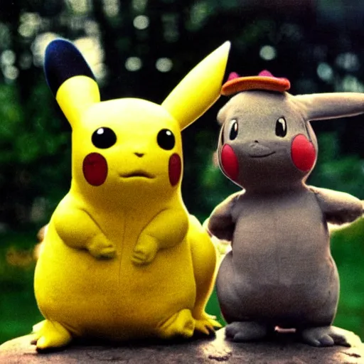 Prompt: Bubasaur and Pikachu pose for a photo, circa 1984, vintage