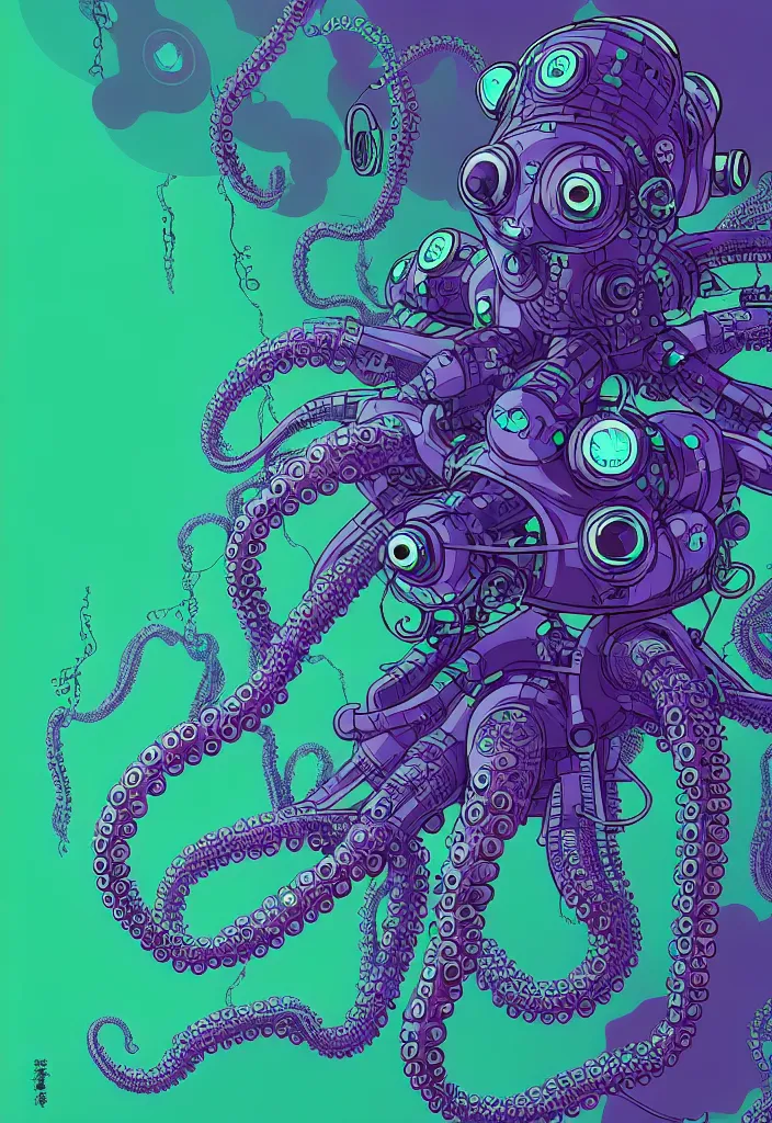 Prompt: robotic cyberpunk octopus by miyazaki, blue green purple black color palette, symmetrical vector illustration, kenneth blom, mental alchemy, james jean, pablo amaringo, naudline pierre, contemporary art, hyper detailed