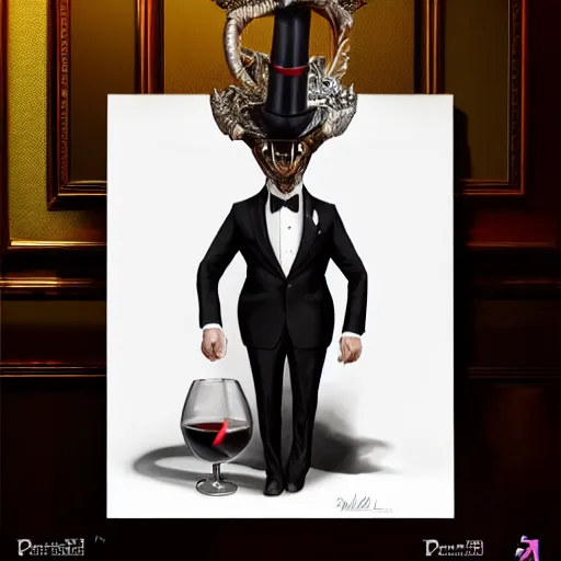 Prompt: portait drawing of a dragon male wearing tuxedo holding a 🍷, digital art, digital painting, masterpiece, elegant, hyper realistic, award winning, 8 k, behance, artstation, unreal engine 5, octane render, masterpiece, sharp focus, intricate, ornate