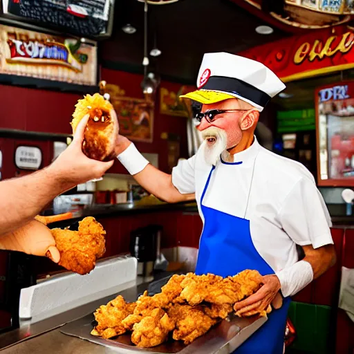 Image similar to a photograph of a reallife popeye the sailor man handing fried chicken to a customer at a popeye's chicken restaurant. he is behind the counter wearing a uniform