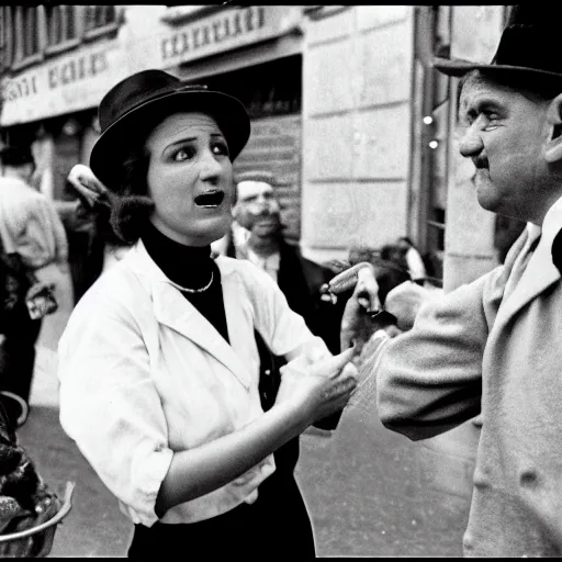 Image similar to soup Nazi telling Elaine no soup for you outside of beer hall in Munich 1930, black and white, 8k,