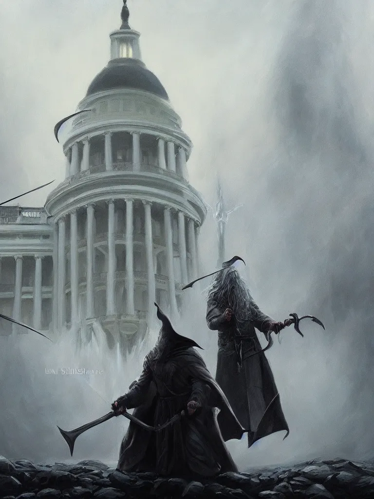 Image similar to gandalf attacks the white house, epic dark fantasy horror stylized oil painting by ivan shiskin. trending on artstation