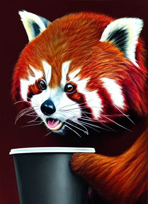 Prompt: red panda, paper cup, fantasy, surreal, highly detailed, digital painting, artstation, concept art, illustration, art by patrick james woodroffe!!!