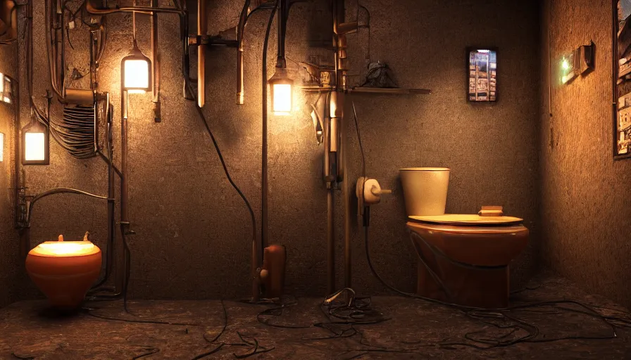 Prompt: A glowing electrical Steampunk toilet in a victorian museum, james gurney, cinematic lighting, lots of steam and sparks, wires made of copper, artstation, vibrant nature, Tuomas Korpi, tekkon kinreet, volumetric light, artstation, , octane render, redshift render, low angle camera, rich deep moody colors