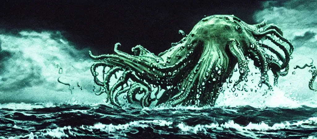 Image similar to A Still of one giant Cthulhu emerged from the ocean, water dripping off him, Cthulhu is gigantic, a tiny boat in the water beneath Cthulhu, you can see this from the beach looking out into a dark a storming ocean, Move shot film, gloomy