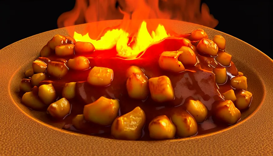 Image similar to poutine ( the canadian meal ) from mount doom, volcano texture, lava texture, fire texture, cheese curds texture, 8 k, octande render, unreal engine 5, surface blemishes, hdr