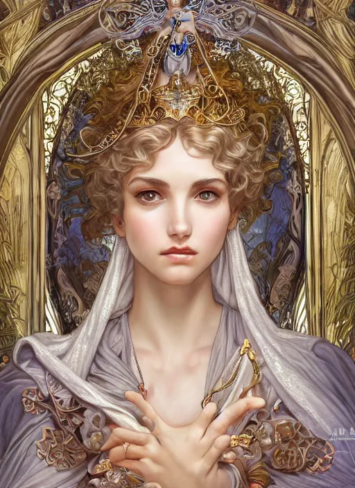 Image similar to Saint Celestine as a Greek Goddess, beautiful detailed eyes, cute, fantasy, intricate, elegant, highly detailed, digital painting, 4k, HDR, concept art, detailed jewelry, smooth, sharp focus, illustration, art by Artgerm, H R Giger and Alphonse Mucha